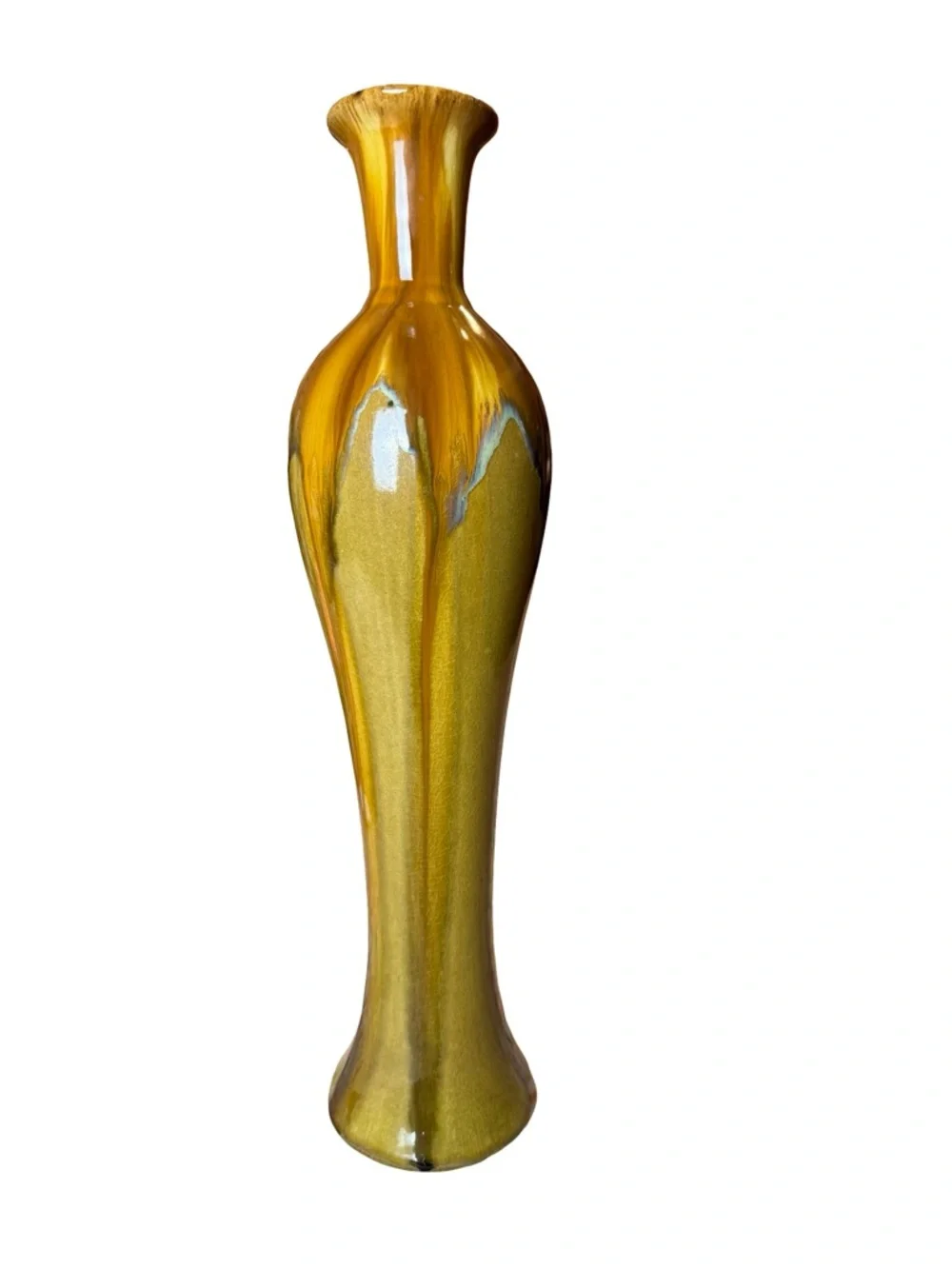 MCM style Tall Drip-Glaze Ceramic 18” Vase in Amber and Olive